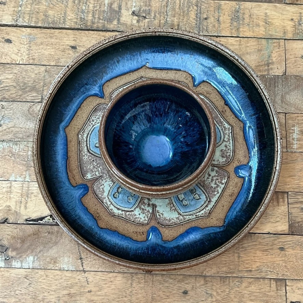 Studio Art Pottery Chip and Dip Platter Tray 10 Inch Blue Brown Floral Design